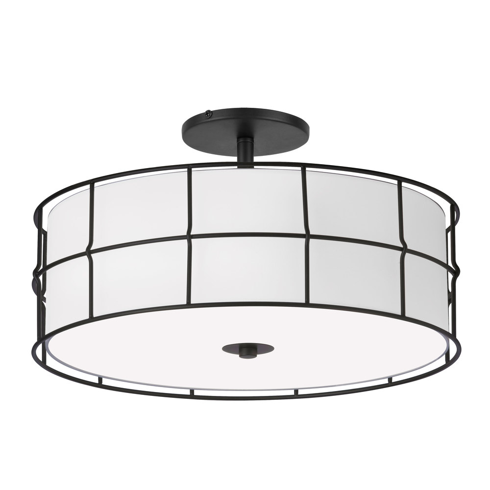 3 Light Incandescent Matte Black Semi-Flush Mount Fixture w/White Shade