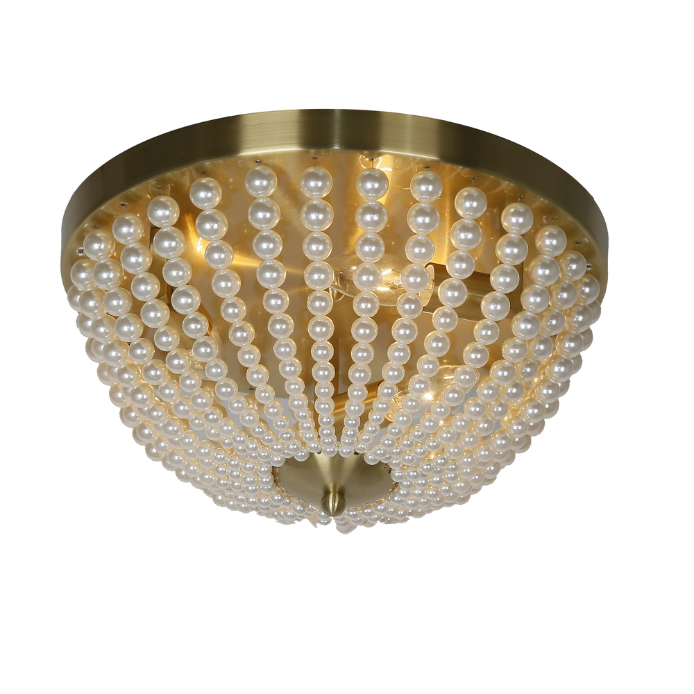 3 Light Incandescent Flush Mount Aged Brass Finish with Pearls