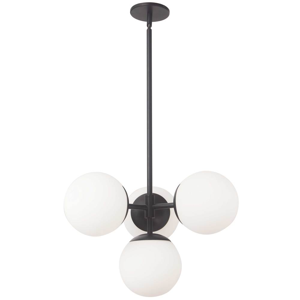 4 Light Halogen Pendant, Matte Black w/ White Opal Glass