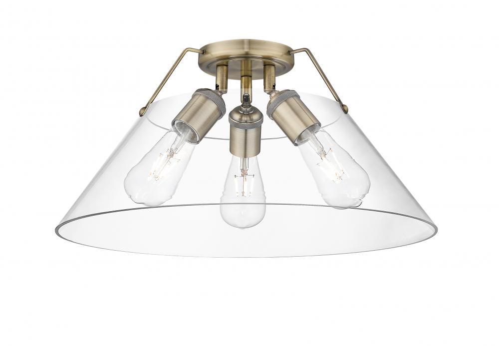 Orwell 3-Light Flush Mount in Aged Brass with Clear Glass