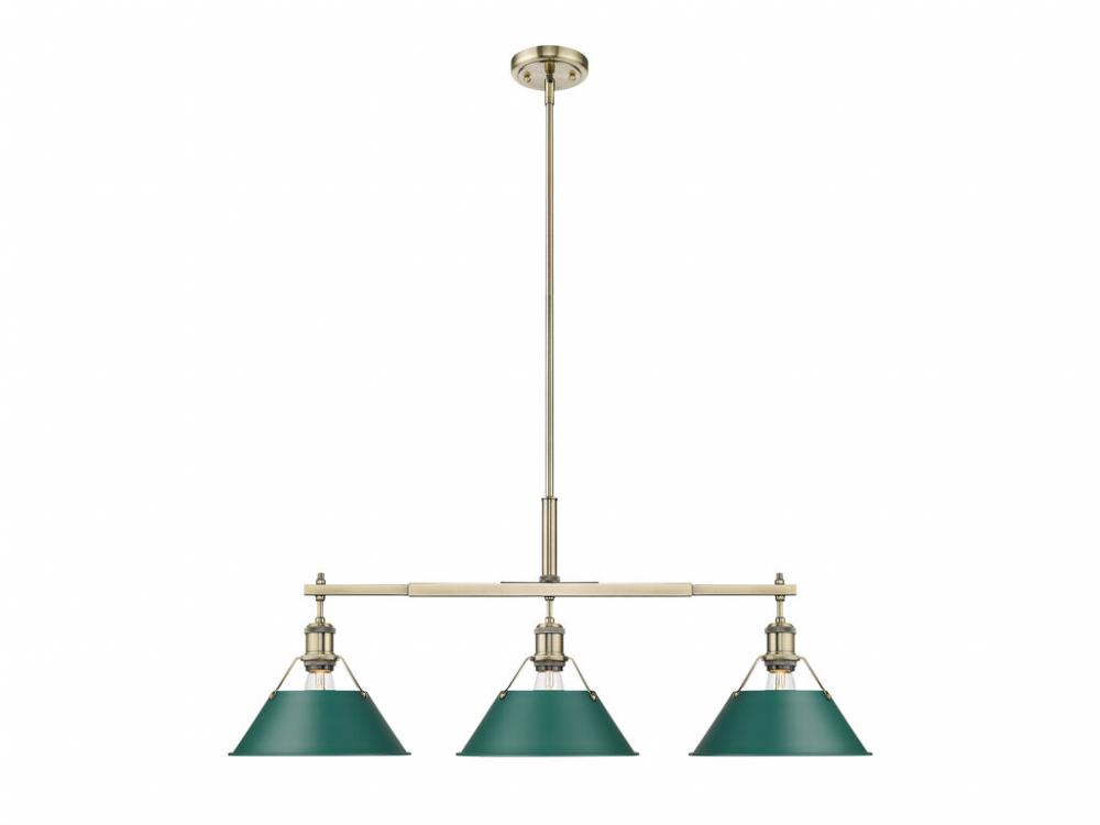 Orwell 3-Light Linear Pendant in Aged Brass with Pine Green