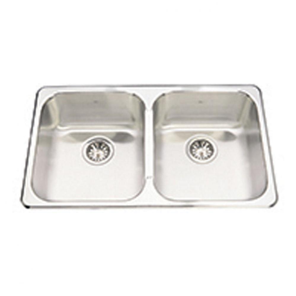 20 ga, rimback double bowl sink, linear brushed bowls, mirror rim