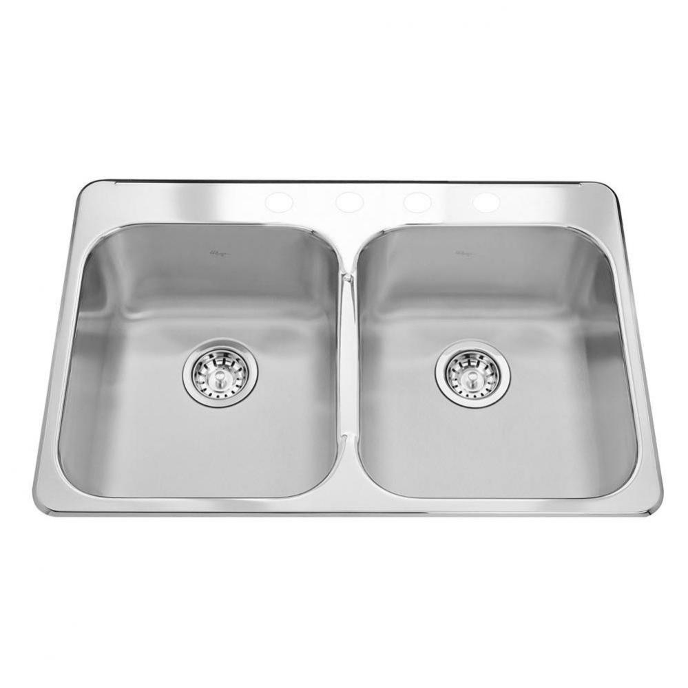 20 ga, topmount double bowl sink, 4 faucet holes, linear brushed bowls, mirror rim