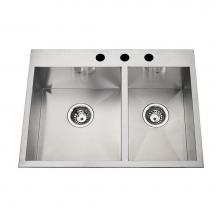 Kindred Canada QCLF2027R/8-3 - 20 gauge hand fabricated dual mount two bowl ledgeback sink, small bowl right, 3 faucet holes