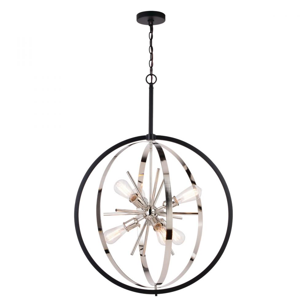 Estelle 26.75-in. 6 Light Orb Pendant Polished Nickel and Matte Black