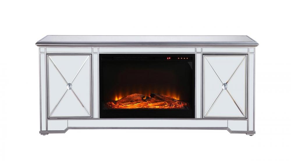 60 in. mirrored TV stand with wood fireplace insert in antique silver