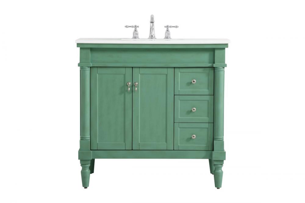 36 Inch Single Bathroom Vanity in Vintage Mint with Ivory White Engineered Marble