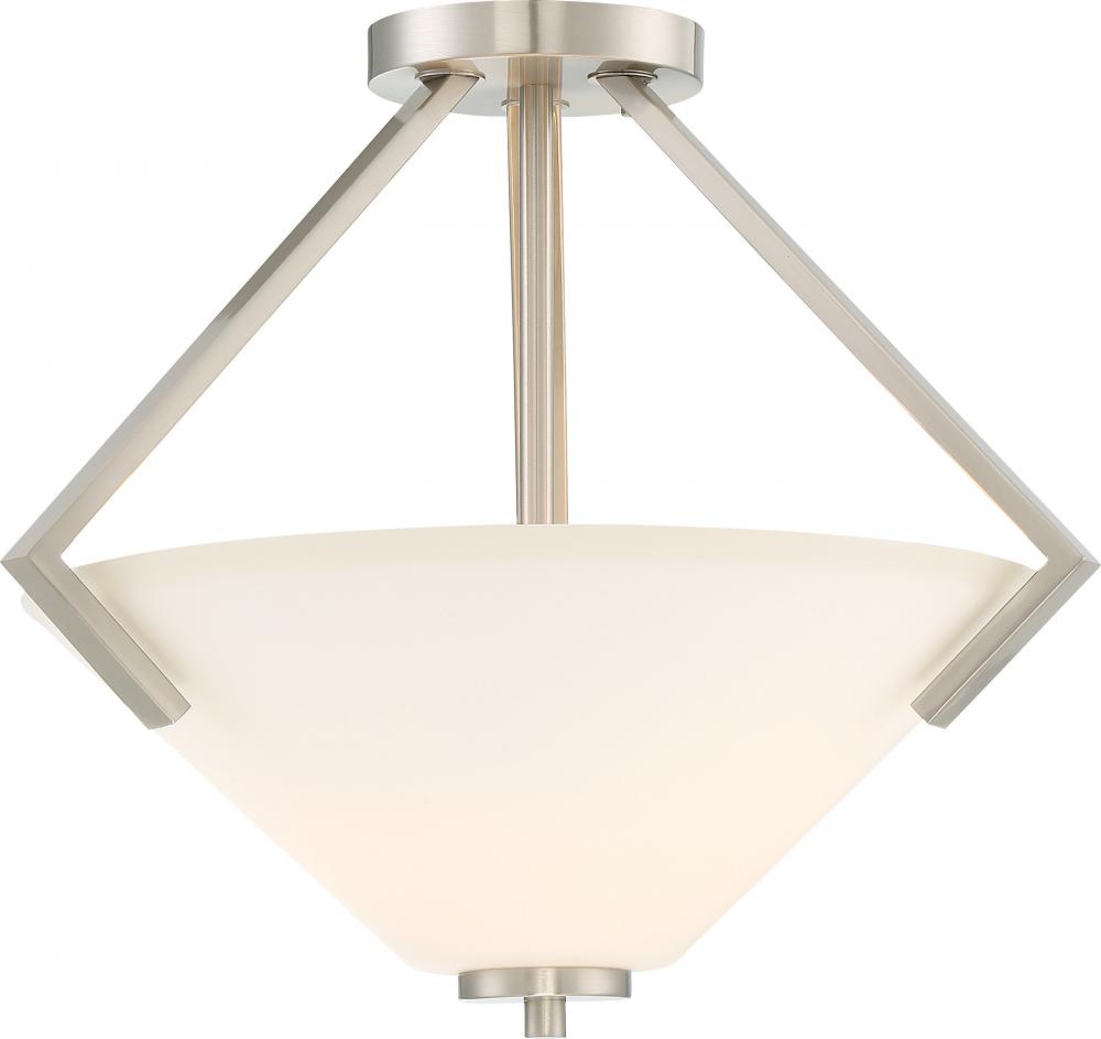 Nome - 2 Light Semi Flush with Satin White Glass - Brushed Nickel Finish