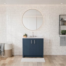 Maax Canada 107766-303-312-305 - Urba 36 in. Freestanding Single Sink Vanity in Navy with White Marble Top and Brushed Nickel Hardw