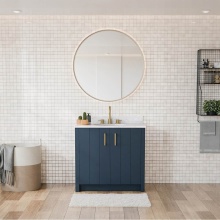 Maax Canada 107766-303-312-343 - Urba 36 in. Freestanding Single Sink Vanity in Navy with White Marble Top and Brushed Gold Hardwar