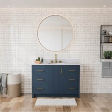 Maax Canada 107767-303-312-343 - Urba 48 in. Freestanding Single Sink Vanity in Navy with White Marble Top and Brushed Gold Hardwar
