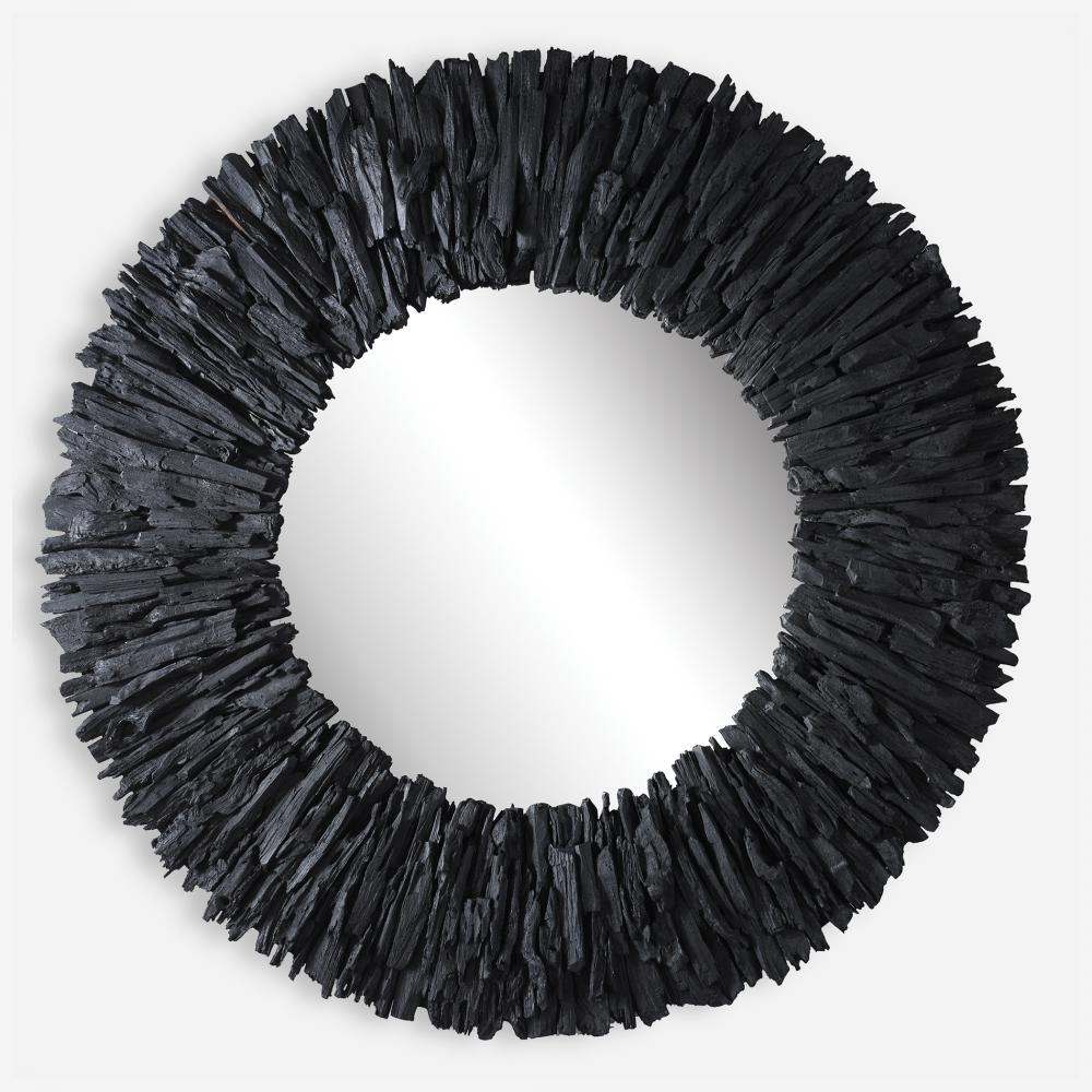 Teak Branch Black Round Mirror