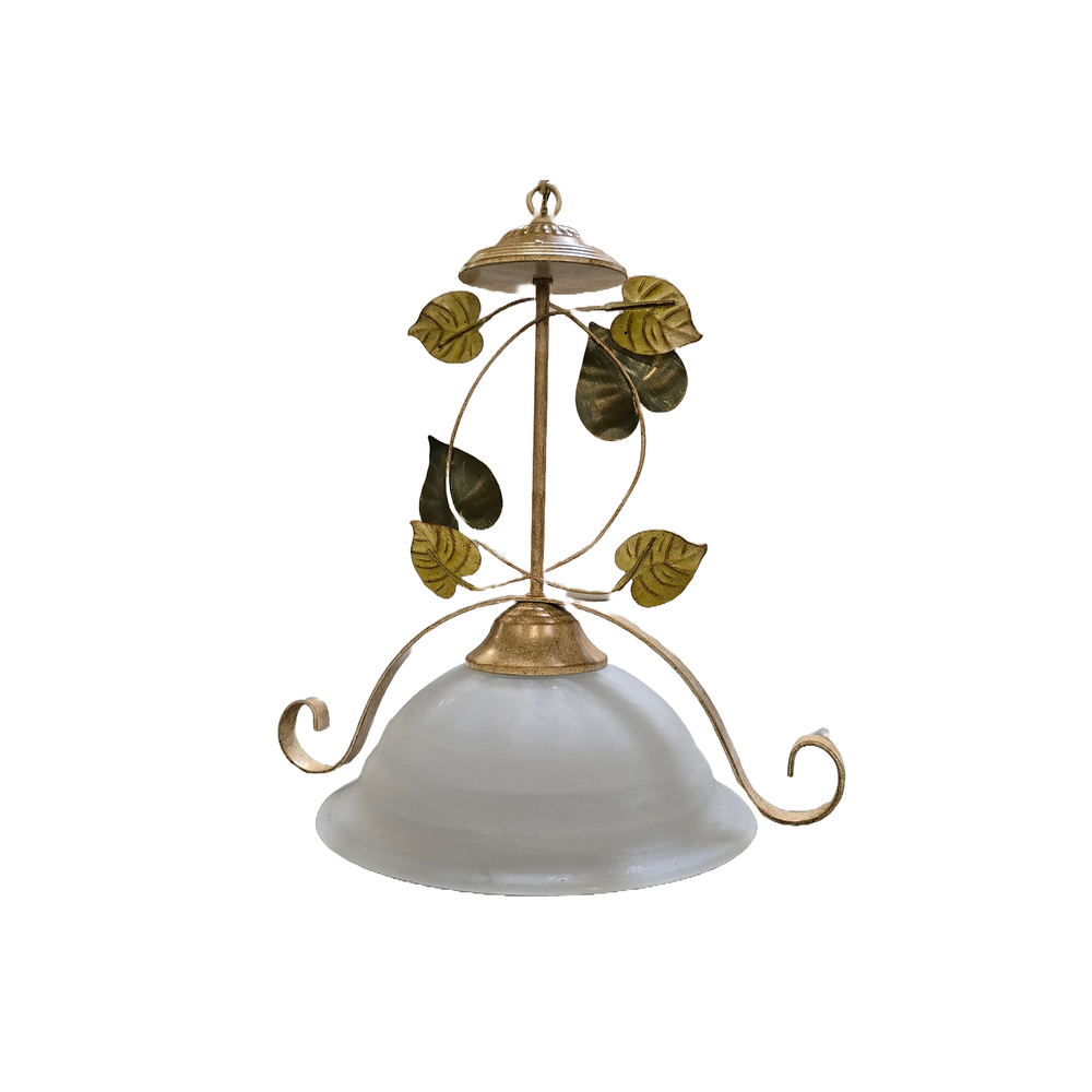 1-Light Pendant in Antique Brass with Green and Yellow Leaves